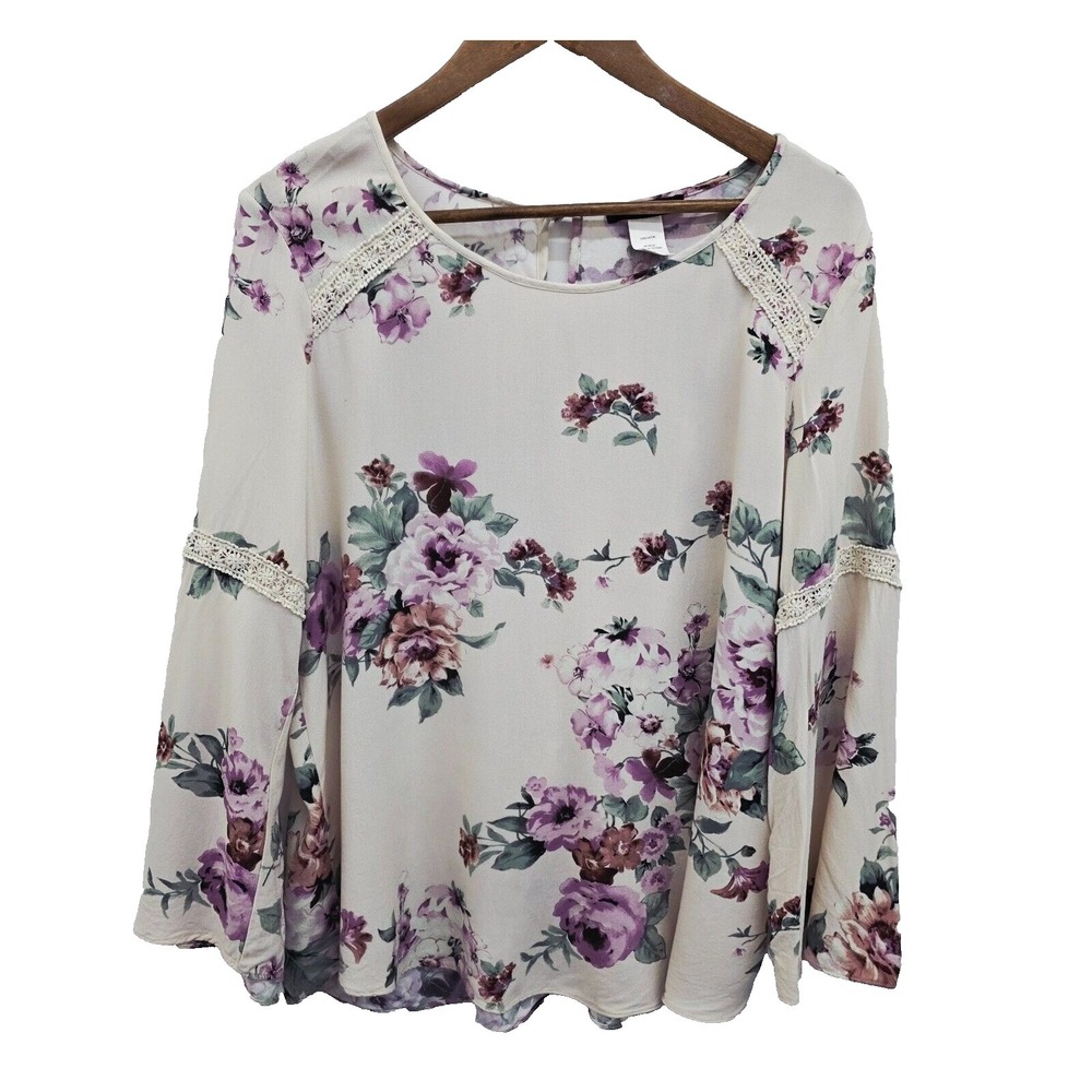 Jennie & Marlis Floral Bell Sleeve Blouse Ivory‎ Purple Lace Trim 1X Boho Fairy - Picture 3 of 14